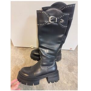 Black Studded Platform Knee-High Stretch Boots – Soft & Comfortable